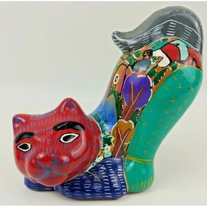 RARE MEXICO MEXICAN TALAVERA TILE FOLK ART POTTERY CROUCHING CAT HAND PAINTED